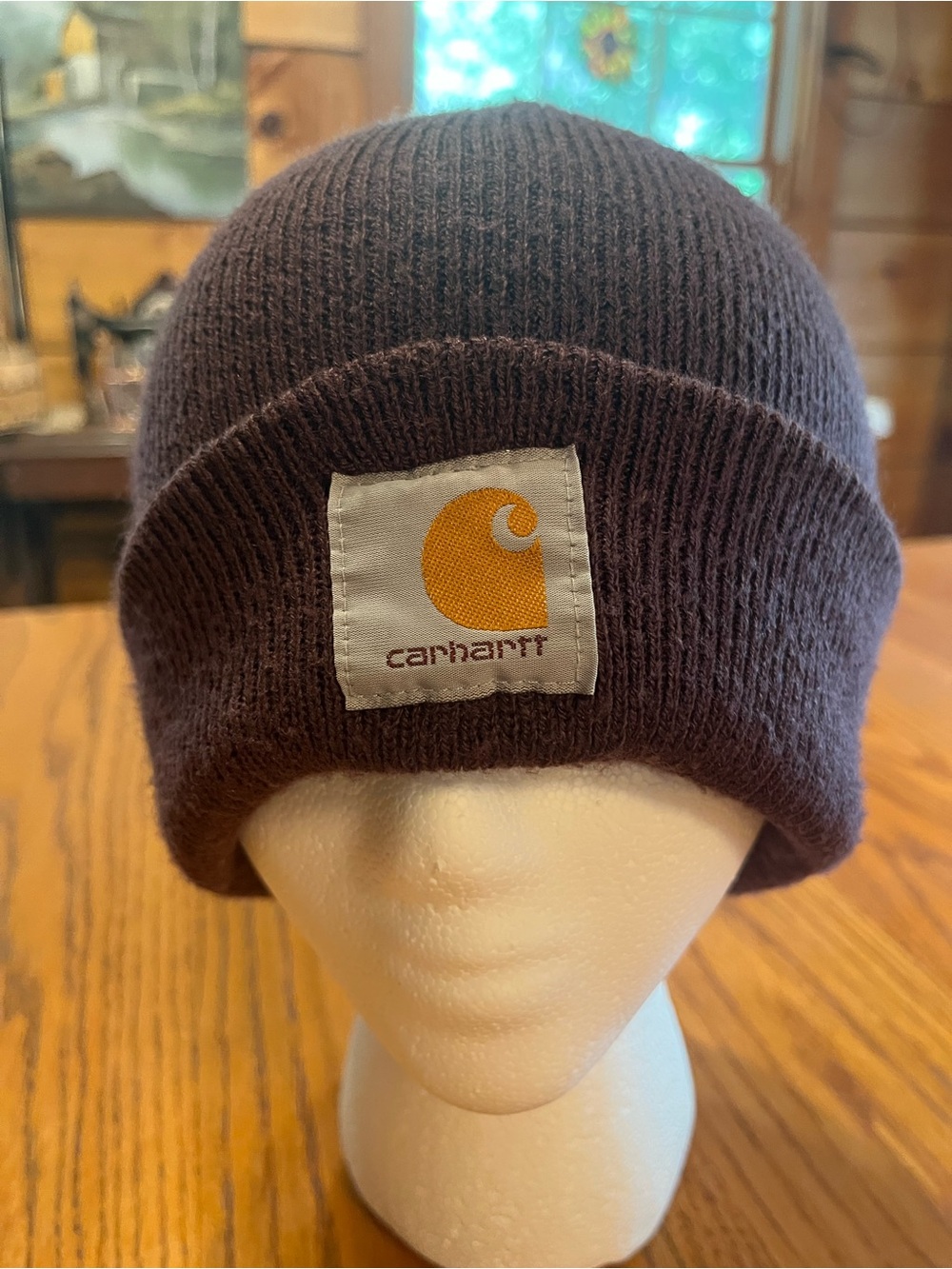 Carhartt Burgundy Ribbed Cuff Beanie with Gold Logo